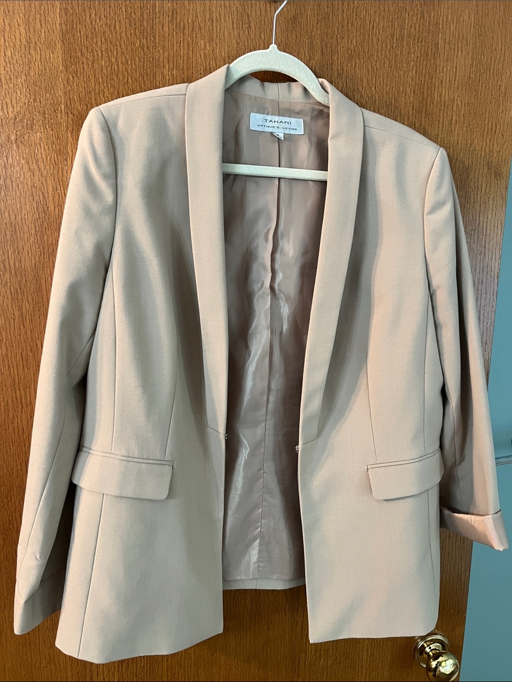 Tahari Tan Shawl Collar Open-Front Blazer